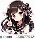 A cute girl making a peace sign with a smile 130077532