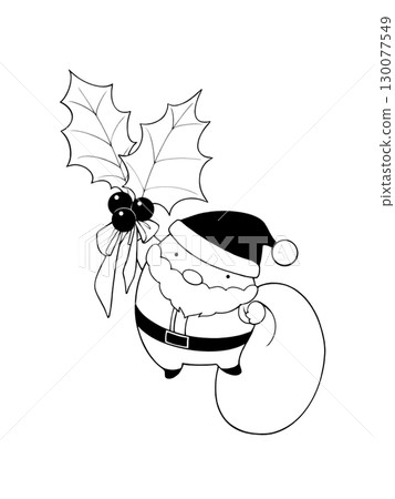 Black and white illustration of Santa Claus flying while holding onto holly Black and white illustration of Santa Claus flying while holding onto holly 130077549