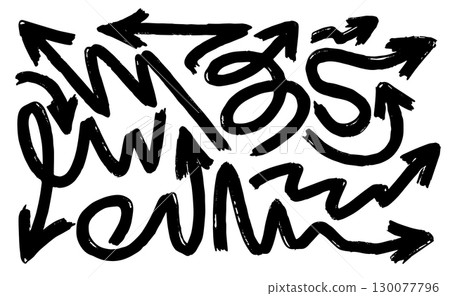 Hand drawn bold arrows set created with brush and marker. Doodle thick arrows in multiple directions including curly, circular, and rotation symbols. Black sketch arrows with wobble effect in grunge  130077796