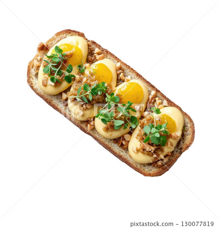 Chicken Liver Mousse Canape on Crisp Sourdough Base with Quince Gel and Crushed Hazelnuts 130077819