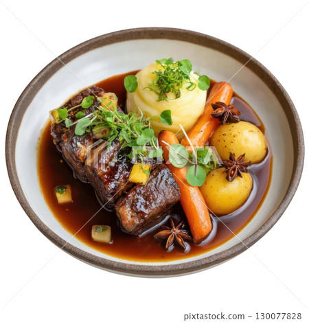 Delicious Braised Oxtail with Star Anise Glaze and Smoked Rutabaga Mash and Baby Carrots on a Light Plate Delicious Braised Oxtail with Star Anise Glaze and Smoked Rutabaga Mash and Baby Carrots on a Light Plate 130077828