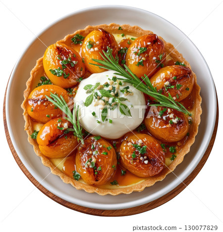 Roasted Apricot Tart with Rosemary Glaze on Crisp Pastry Base Featuring Herbal Garnish and Creamy Topping 130077829