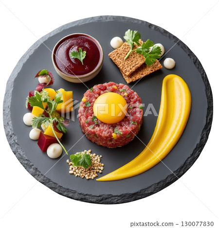 Bison Tartare with Smoked Huckleberry and Pickled Wild Onion Served on a Slate Plate Bison Tartare with Smoked Huckleberry and Pickled Wild Onion Served on a Slate Plate 130077830