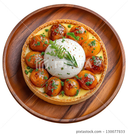 Delightful Apricot Tart with Rosemary Glaze on Crisp Pastry Base Garnished with Fresh Herbs and Roasted Fruits 130077833