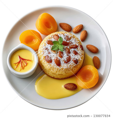 Almond and Saffron Financier with Fresh Apricots and Almond Cream on a White Plate 130077834