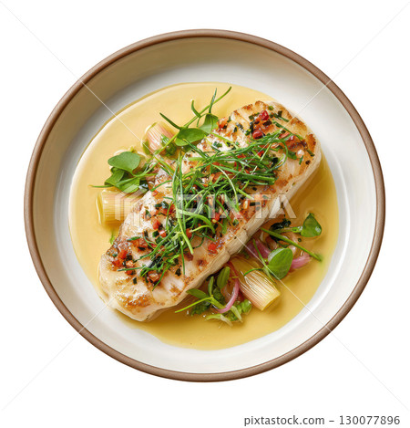 Steamed Lingcod Fillet with Dashi Butter Sauce and Baby Bamboo Shoots on Elegant Plate 130077896