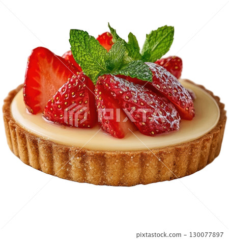Refreshing Strawberry Mint Tart with Creamy Filling and Fresh Strawberries on Golden Crust 130077897