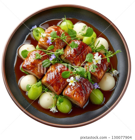 Tender Slow Roasted Pork Belly with Crispy Skin, Cider Mustard Reduction and Apple Puree Served with Turnips 130077904