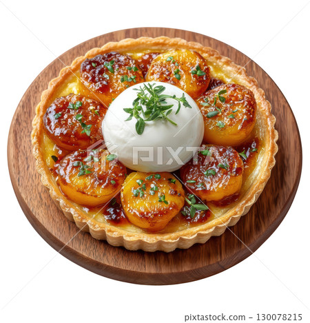Roasted Nectarine Tart with Thyme Glaze and Ricotta Quenelle on Crisp Pastry Base 130078215