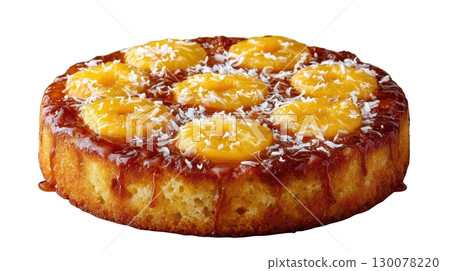Delicious Upside Down Cake with Caramelized Mango Slices and Shredded Coconut Topping 130078220