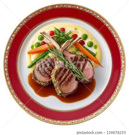 Herb-Crusted Rack of Lamb with Baby Carrots and Pea Puree Decoration on Elegant Plate Herb-Crusted Rack of Lamb with Baby Carrots and Pea Puree Decoration on Elegant Plate 130078255