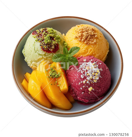 Exotic Trio of Fruit Sorbets with Mango, Lychee, and Dragon Fruit Garnished with Herb and Lime Zest 130078256
