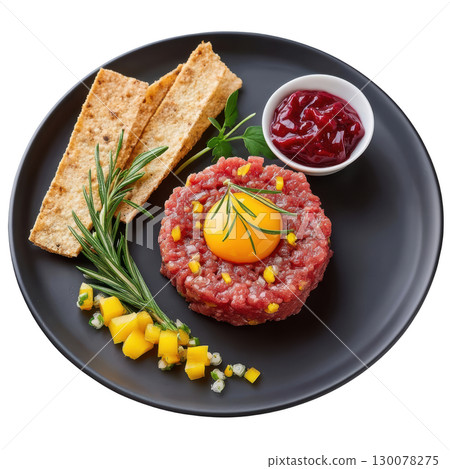 Finely Diced Venison Tartare with Smoked Lingonberry and Pickled Spruce Tips Served with Rye Crisps and Raw Egg Yolk 130078275