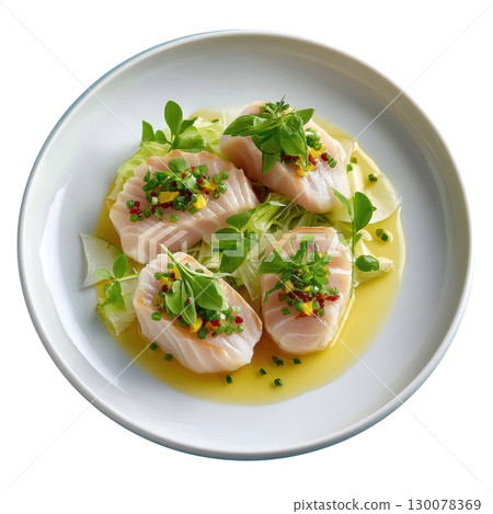 Gourmet Bergamot Cured Sea Bream with Kohlrabi and Pink Grapefruit Segments on a White Plate 130078369