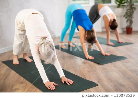 Group of different ages healthy lifestyle practicing pilates at studio Group of different ages healthy lifestyle practicing pilates at studio 130078529