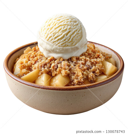 Golden Cinnamon Apple Crumble with Vanilla Ice Cream Served in a Bowl 130078743