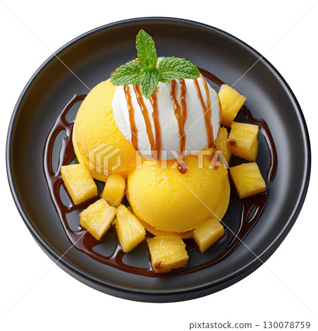 Refreshing Pineapple Sorbet Served with Coconut Meringue and Drizzled Rum Reduction in a Modern Bowl 130078759