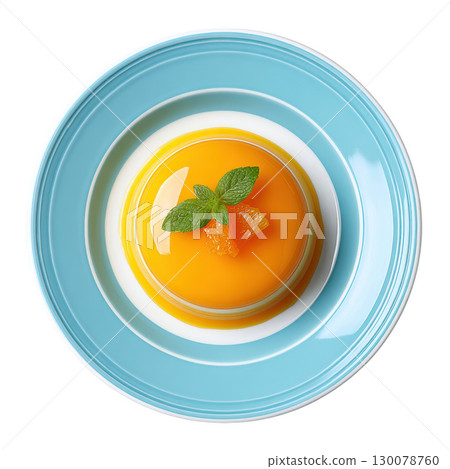 Shimmering Citrus Jelly with Candied Clementine and Basil Garnish over Creamy Honey Base 130078760