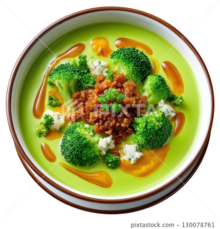 Vibrant Green Broccoli and Stilton Veloute Soup with Cheese Crumble and Walnut Oil Drizzle 130078761