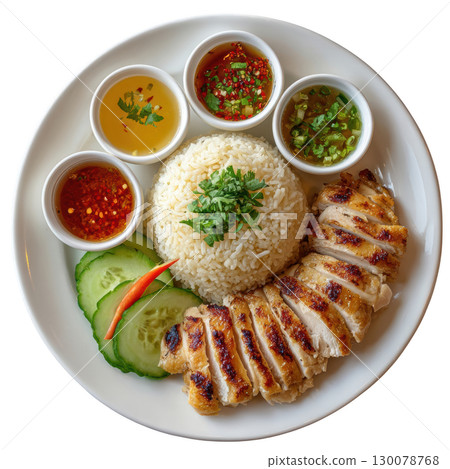 Tender Chicken and Neatly Grained Rice with Dipping Sauces and Fresh Cucumber Slices for an Inviting Meal 130078768