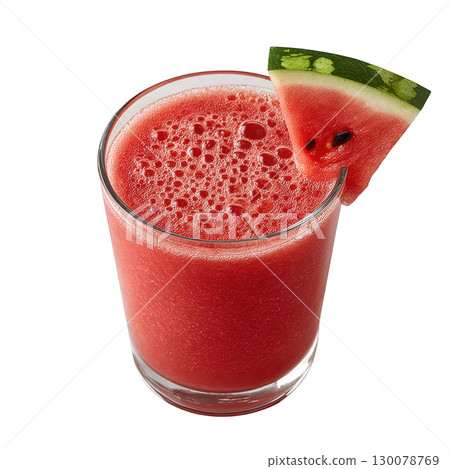 Refreshing Watermelon Juice in a Clear Glass With Fresh Watermelon Slice Garnish 130078769