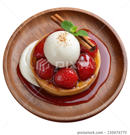 Roasted Plums in Cinnamon Glaze on Crisp Pastry Base Topped with Vanilla Cream and Cinnamon Stick 130078775