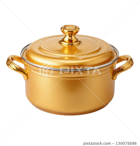 Elegant golden cooking pot with matching lid and double handles, perfect for stylish kitchen displays and cooking needs 130078896