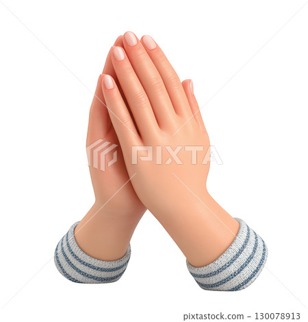 Realistic depiction of two hands in a praying gesture with soft skin texture and neatly manicured nails 130078913