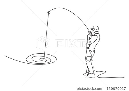 Continuous one line drawing fisherman reeling in big catch with bent fishing rod. Symbolizing thrill of fishing, hobby, and the struggle of landing fish. Single line design vector graphic illustration 130079017