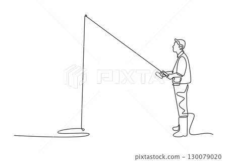 Continuous one line drawing man standing on shore, patiently fishing with rod in this tranquil. Patience, quiet contemplation, relaxing outdoor activity. Single line design vector graphic illustration Continuous one line drawing man standing on shore, patiently fishing with rod in this tranquil. Patience, quiet contemplation, relaxing outdoor activity. Single line design vector graphic illustration 130079020
