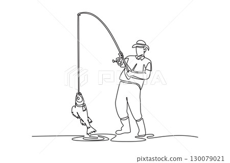Continuous one line drawing young man celebrating successful catch, pulling fish out of water. Symbolizing victory, achievement, and joy of hobby. Single line draw design vector graphic illustration Continuous one line drawing young man celebrating successful catch, pulling fish out of water. Symbolizing victory, achievement, and joy of hobby. Single line draw design vector graphic illustration 130079021