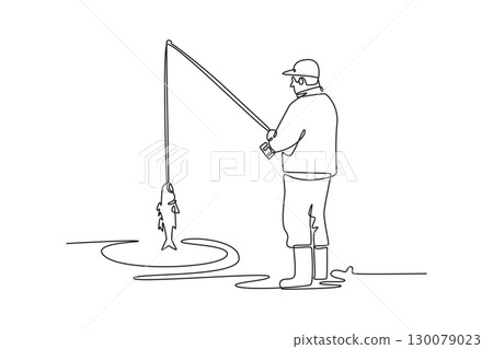 Continuous one line drawing back view of man celebrating successful catch fish out of water, symbolizing victory, achievement, and rewarding hobby. Single line draw design vector graphic illustration Continuous one line drawing back view of man celebrating successful catch fish out of water, symbolizing victory, achievement, and rewarding hobby. Single line draw design vector graphic illustration 130079023