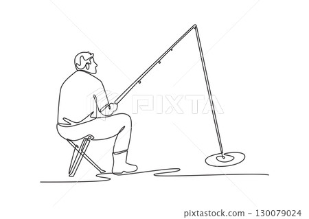 Continuous one line drawing man seated on chair by water, fishing with rod in this tranquil. Patience, quiet contemplation, and relaxing outdoor activity. Single line draw design vector illustration Continuous one line drawing man seated on chair by water, fishing with rod in this tranquil. Patience, quiet contemplation, and relaxing outdoor activity. Single line draw design vector illustration 130079024