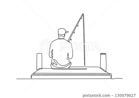 Single continuous line drawing man seated on dock fishing in this peaceful. Symbolizing patience, quiet contemplation, and relaxing outdoor leisure activity. One line draw design vector illustration 130079027