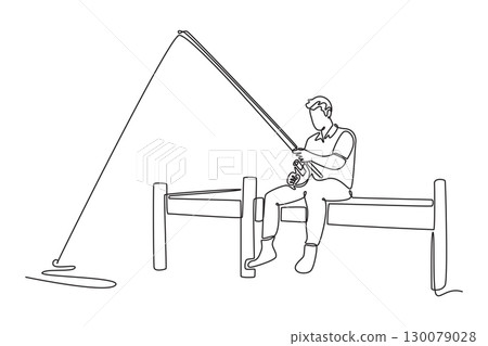 Single continuous line drawing man seated on pier fishing in this peaceful. Symbolizing patience, quiet contemplation, and relaxing outdoor leisure activity. One line draw design vector illustration Single continuous line drawing man seated on pier fishing in this peaceful. Symbolizing patience, quiet contemplation, and relaxing outdoor leisure activity. One line draw design vector illustration 130079028