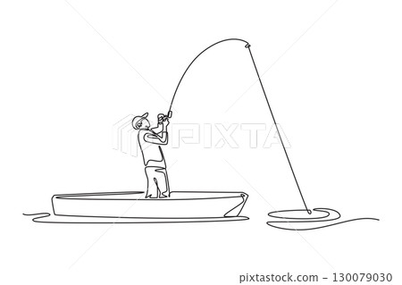Single continuous line drawing man in boat fighting catch with bent fishing rod. Symbolizing adventure, determination, and thrill of fishing. Dynamic one line draw graphic design vector illustration Single continuous line drawing man in boat fighting catch with bent fishing rod. Symbolizing adventure, determination, and thrill of fishing. Dynamic one line draw graphic design vector illustration 130079030
