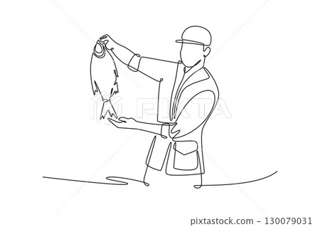 Single continuous line drawing man celebrating a successful catch, holding up a fish he caught. Symbolizing victory, reward, and joy of hobby. Dynamic one line draw graphic design vector illustration 130079031