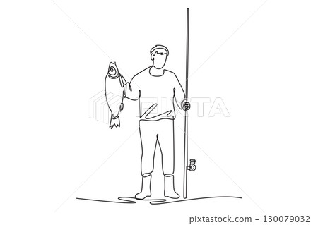 Single continuous line drawing male fisherman with a fish, representing the triumph of fishing, the reward of patience, and a successful catch. Dynamic one line draw graphic design vector illustration Single continuous line drawing male fisherman with a fish, representing the triumph of fishing, the reward of patience, and a successful catch. Dynamic one line draw graphic design vector illustration 130079032