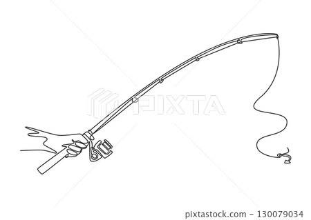 Single continuous line drawing human hand is holding fishing rod with reel. Symbolizing start of new adventure, hobby, and the anticipation of catch. One line draw graphic design vector illustration Single continuous line drawing human hand is holding fishing rod with reel. Symbolizing start of new adventure, hobby, and the anticipation of catch. One line draw graphic design vector illustration 130079034
