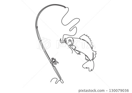 Single one line drawing fish is jumping out of water after taking a hook. Symbolizing thrill of fishing, struggle of catch, and successful hunt. Continuous line draw design graphic vector illustration 130079036