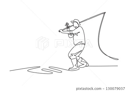 Single one line drawing active man casting his fishing line in a wide arc. Symbolizing fluid motion, skill, and elegant action of sport. Modern continuous line draw design graphic vector illustration Single one line drawing active man casting his fishing line in a wide arc. Symbolizing fluid motion, skill, and elegant action of sport. Modern continuous line draw design graphic vector illustration 130079037