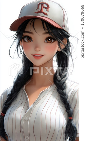 Young Girl in Baseball Uniform with Cap Young Girl in Baseball Uniform with Cap 130079069