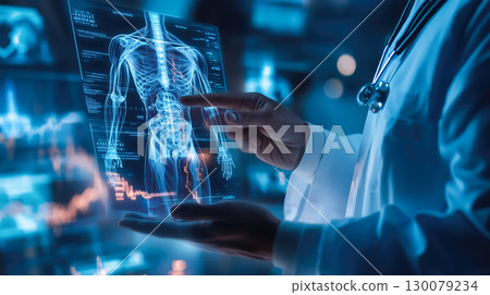 A doctor carefully examines a virtual x-ray projection with focused attention. The integration of advanced technology in medical diagnostics. Generative AI. A doctor carefully examines a virtual x-ray projection with focused attention. The integration of advanced technology in medical diagnostics. Generative AI. 130079234