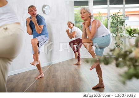 Group of happy mature sports women and man in activewear exercising dynamic dancing movemens in gym studio 130079388