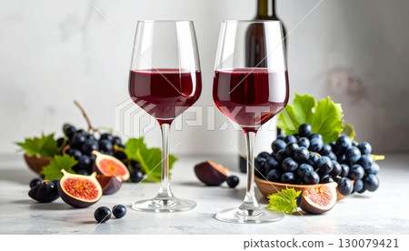 A classic still life with red wine, grapes, and figs on a table A classic still life with red wine, grapes, and figs on a table 130079421