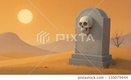 Grave Sign and Skull on Orange Background Grave Sign and Skull on Orange Background 130079444