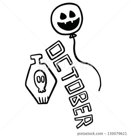 Hand drawn Halloween outline of spooky pumpkin balloon, OCTOBER letters, tombstone for decoration, Halloween party, cartoon character, comic, sticker, trick or treat, post card, kid colouring book 130079621