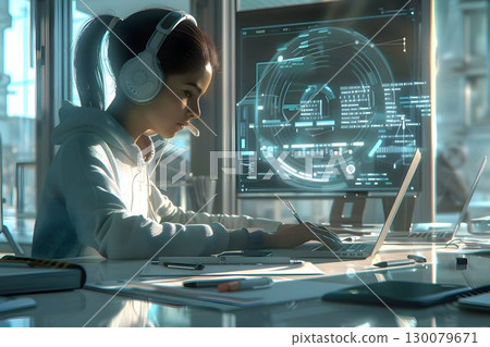 young female student in academic research wears headphones and laptop 130079671