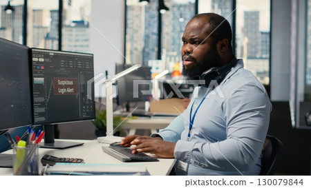 Prop firm day trader panicked by suspicious login attempt warning on trading software interface. Brokerage company worker seeing security alert notification of unauthorized login activity 130079844