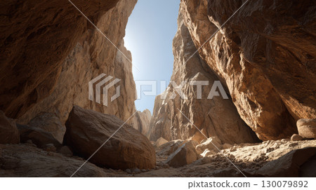Deep desert canyon, narrow sky, sunlight, rugged rock, arid landscape, dramatic view Deep desert canyon, narrow sky, sunlight, rugged rock, arid landscape, dramatic view 130079892